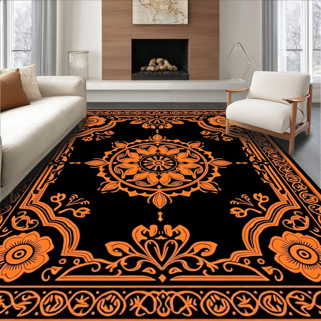 Elegant Orange Floral Medallion Black Rug
