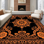 Elegant Orange Floral Medallion Black Rug