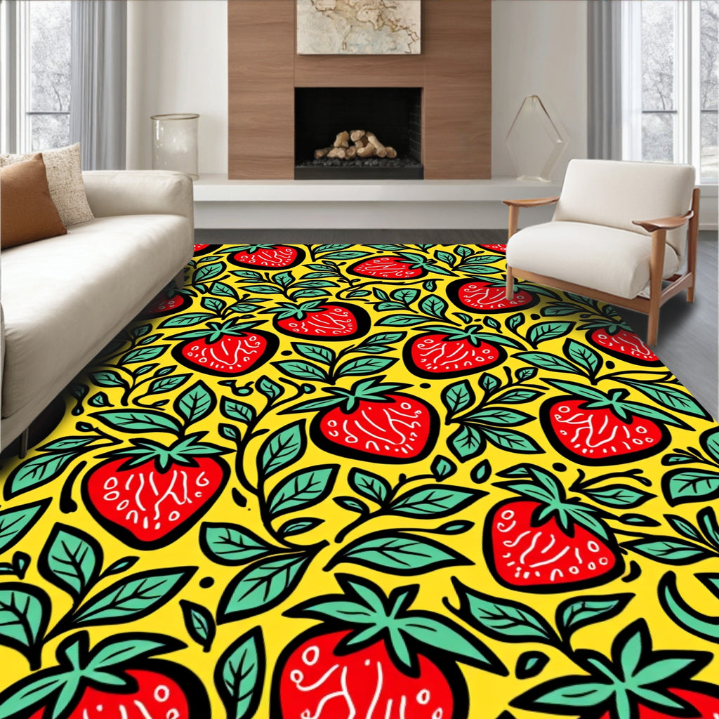 Cheery Red Strawberry Vine Yellow Rug