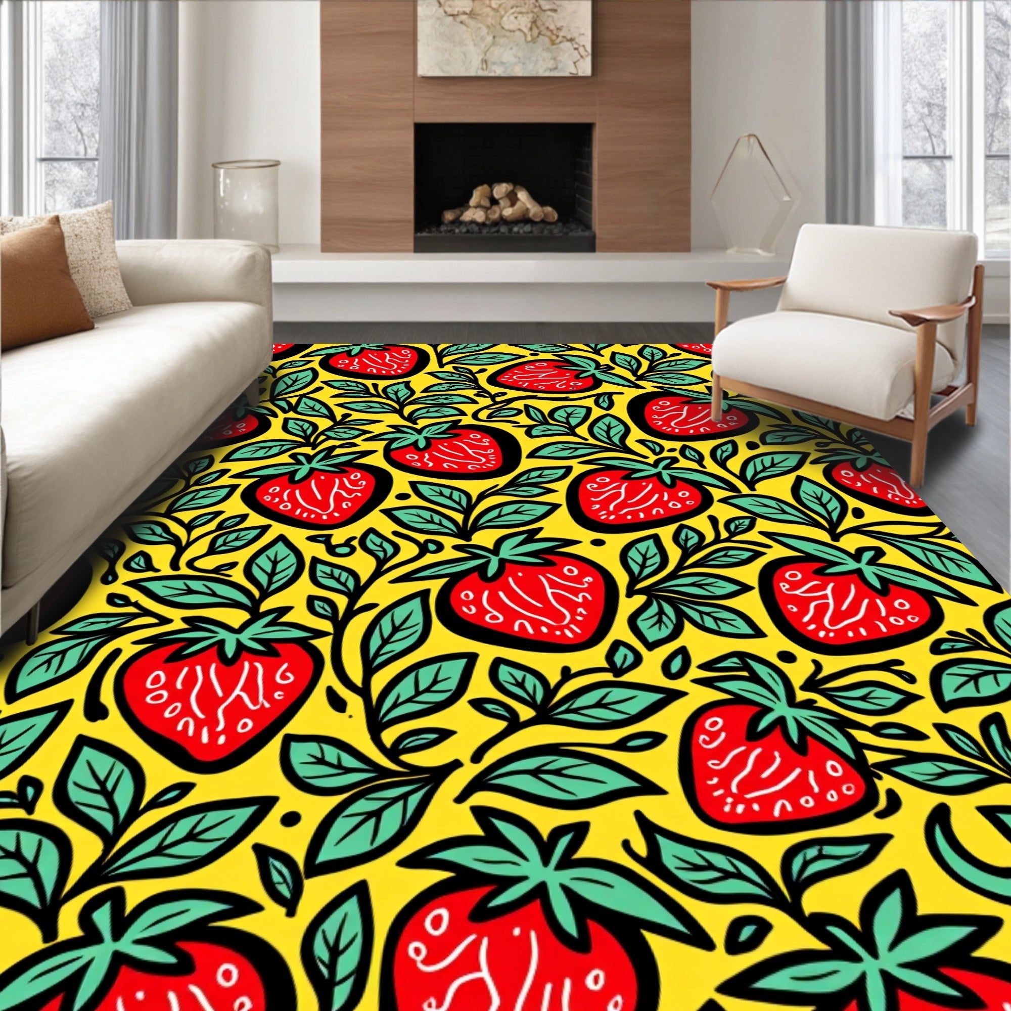 Cheery Red Strawberry Vine Yellow Rug
