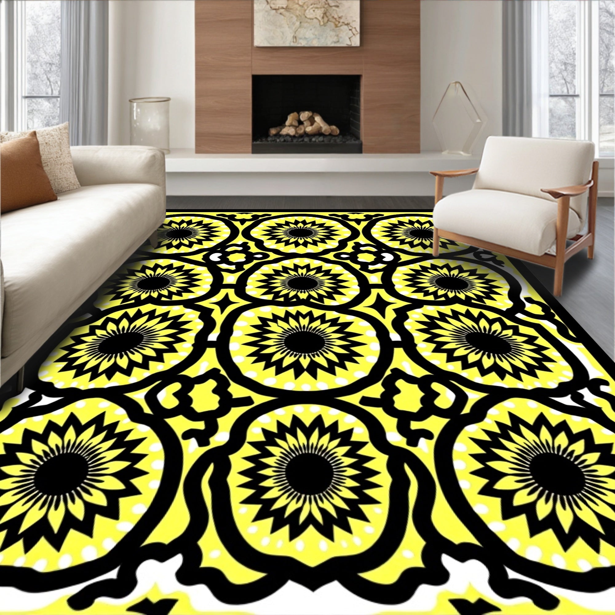 Bold Yellow Sunburst Mandala Rug