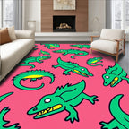 Green Alligator Whimsical Pink Background Rug