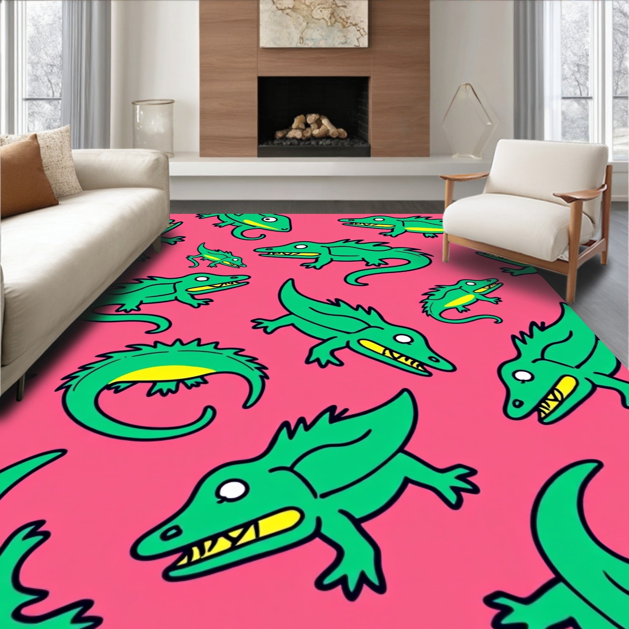 Green Alligator Whimsical Pink Background Rug