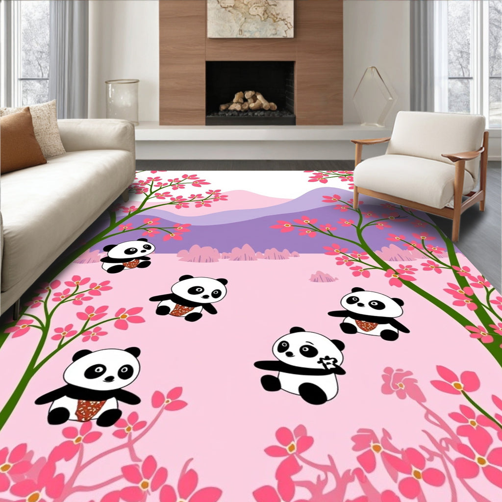 Playful Pandas Cherry Blossom Landscape Rug