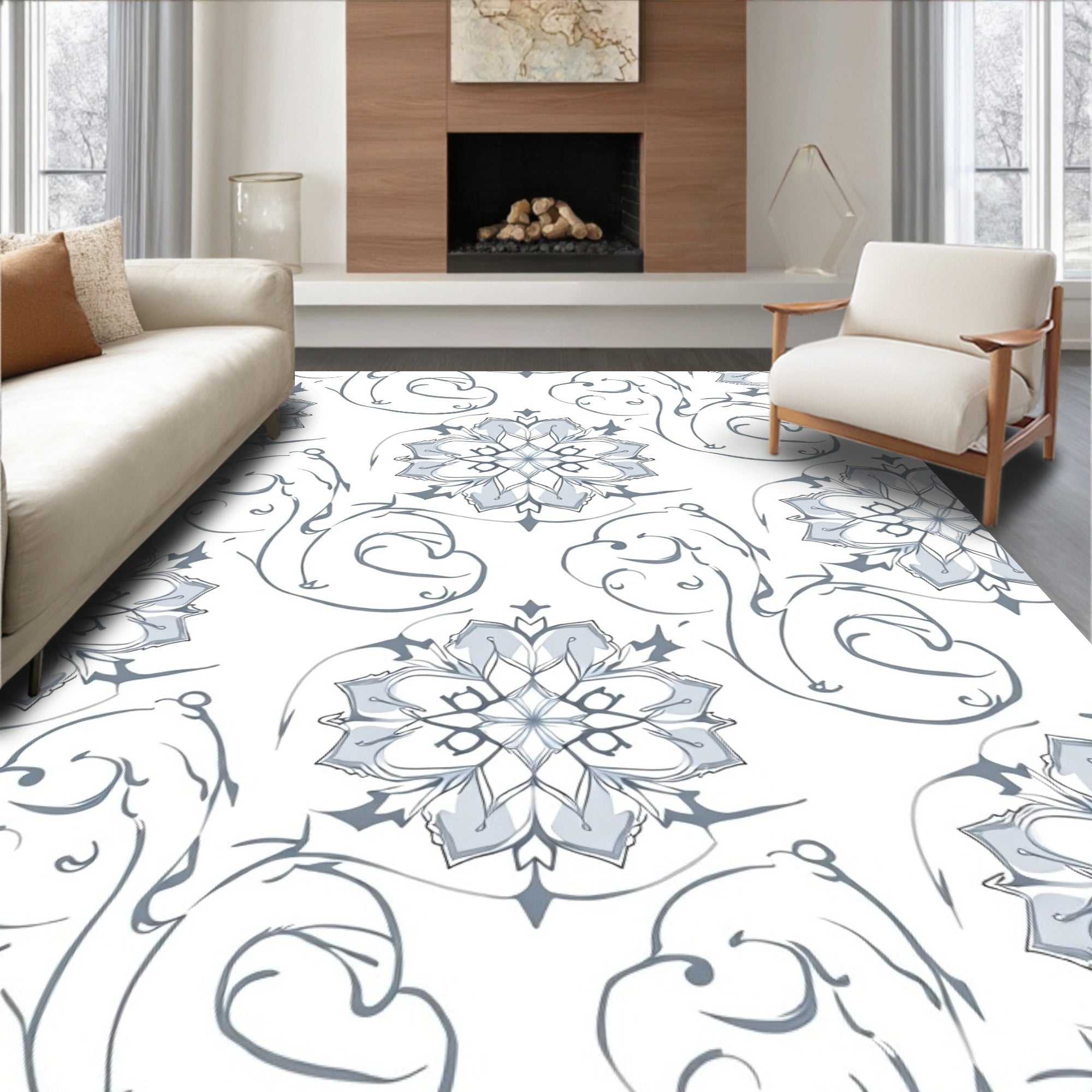 Soft Blue Floral Swirl Repeat Rug