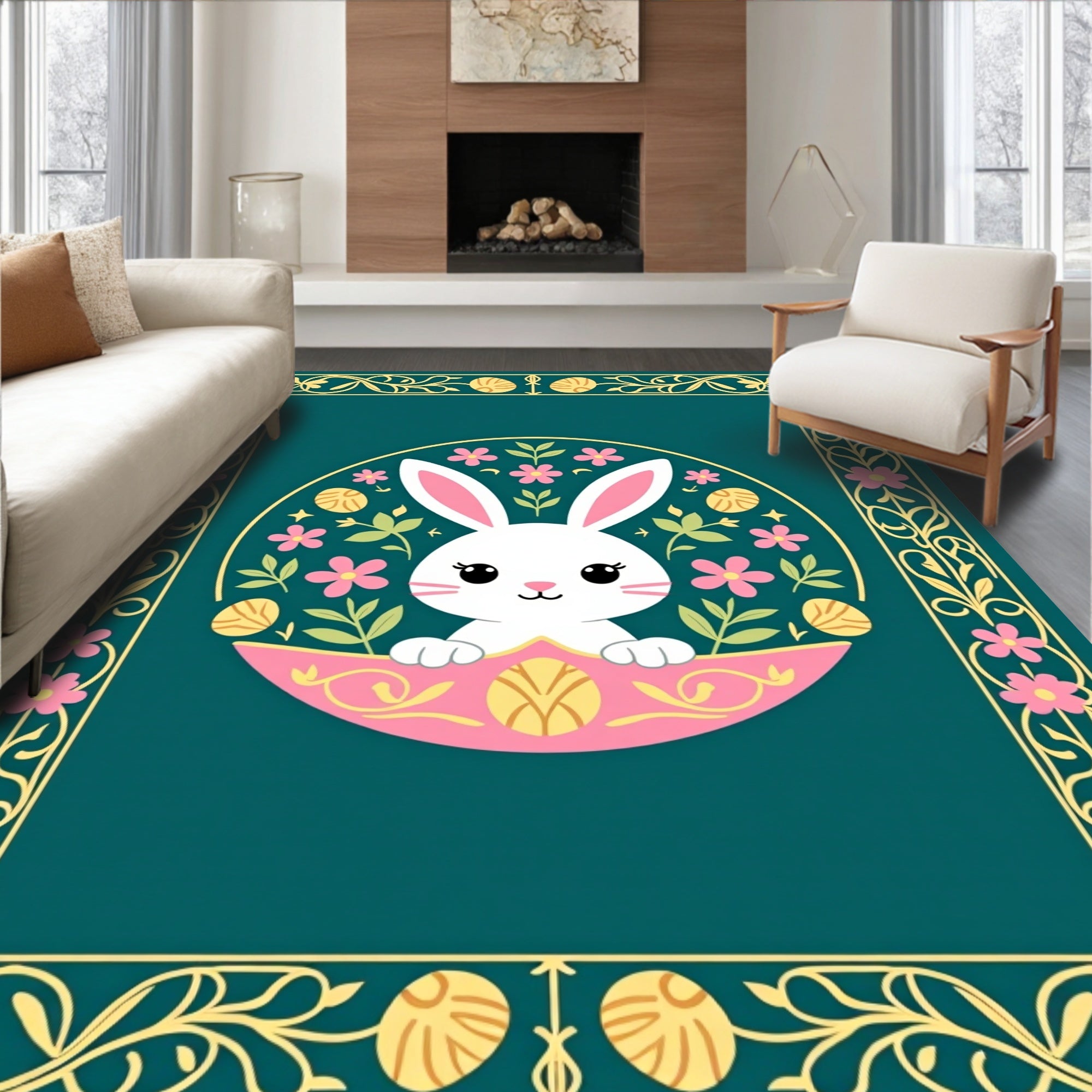 Whimsical White Bunny Floral Frame Rug