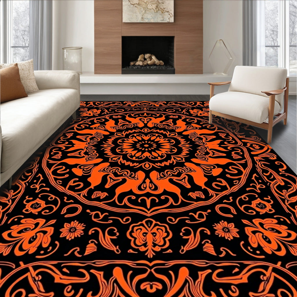 Vibrant Orange Black Floral Medallion Tapestry Rug