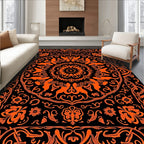 Vibrant Orange Black Floral Medallion Tapestry Rug