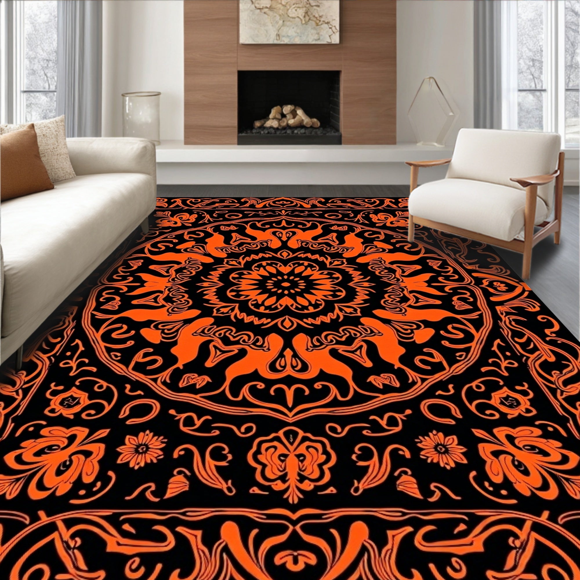 Vibrant Orange Black Floral Medallion Tapestry Rug