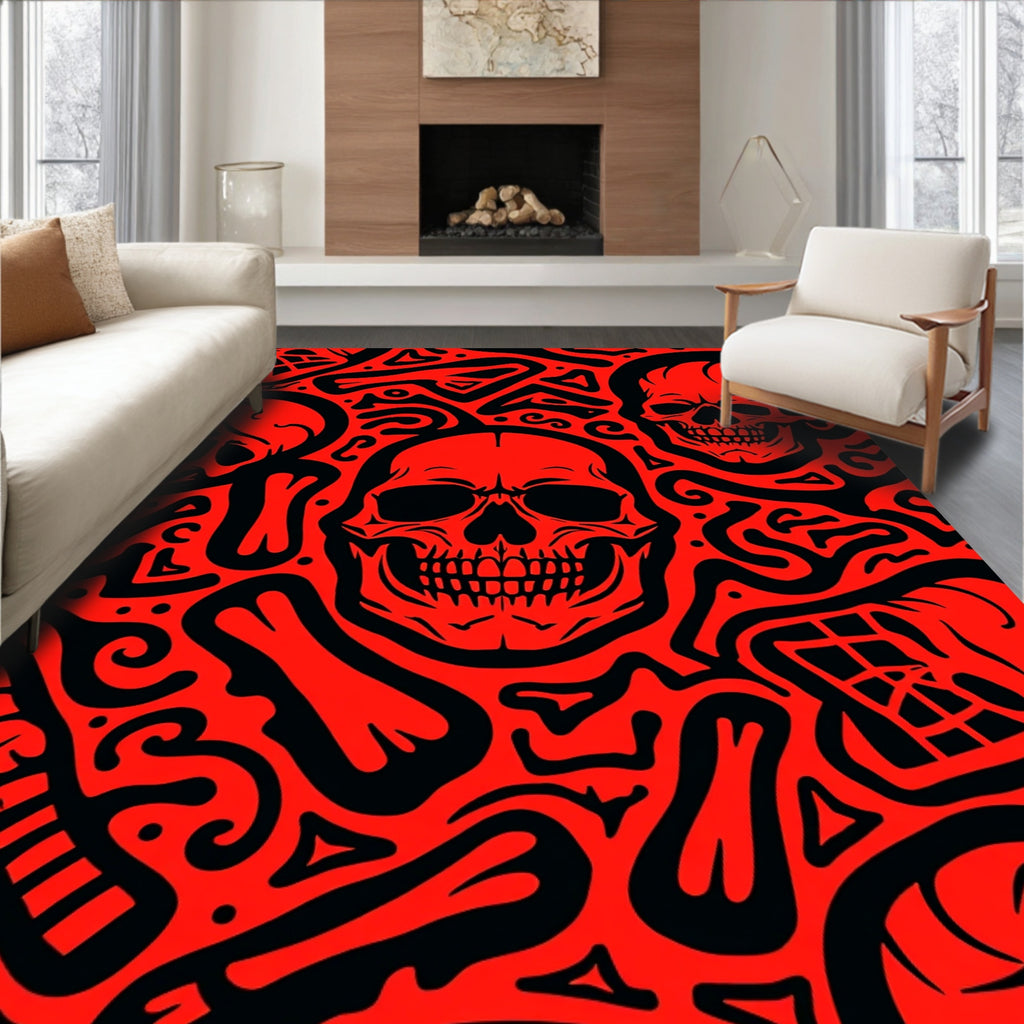 Bold Red Skull Bone Collage Rug