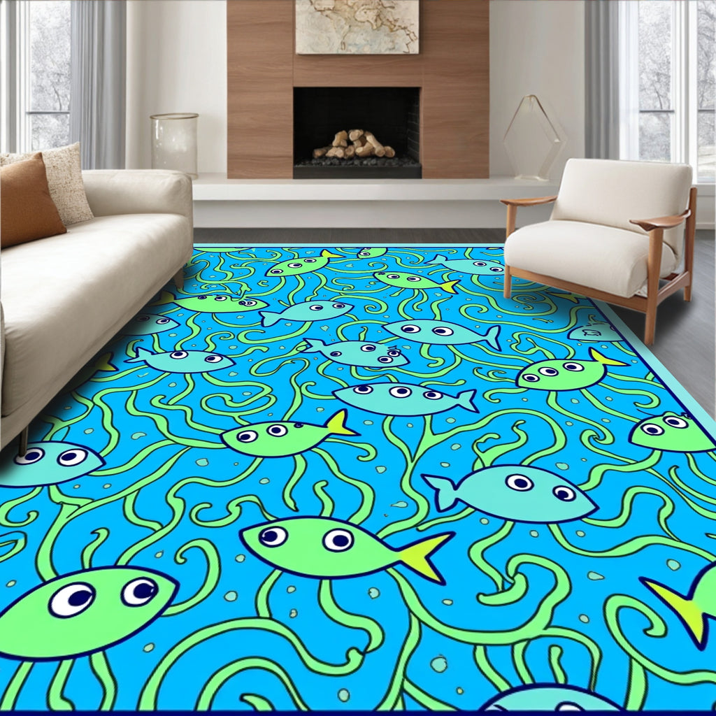 Blue Marine Life Fish Swirls Rug