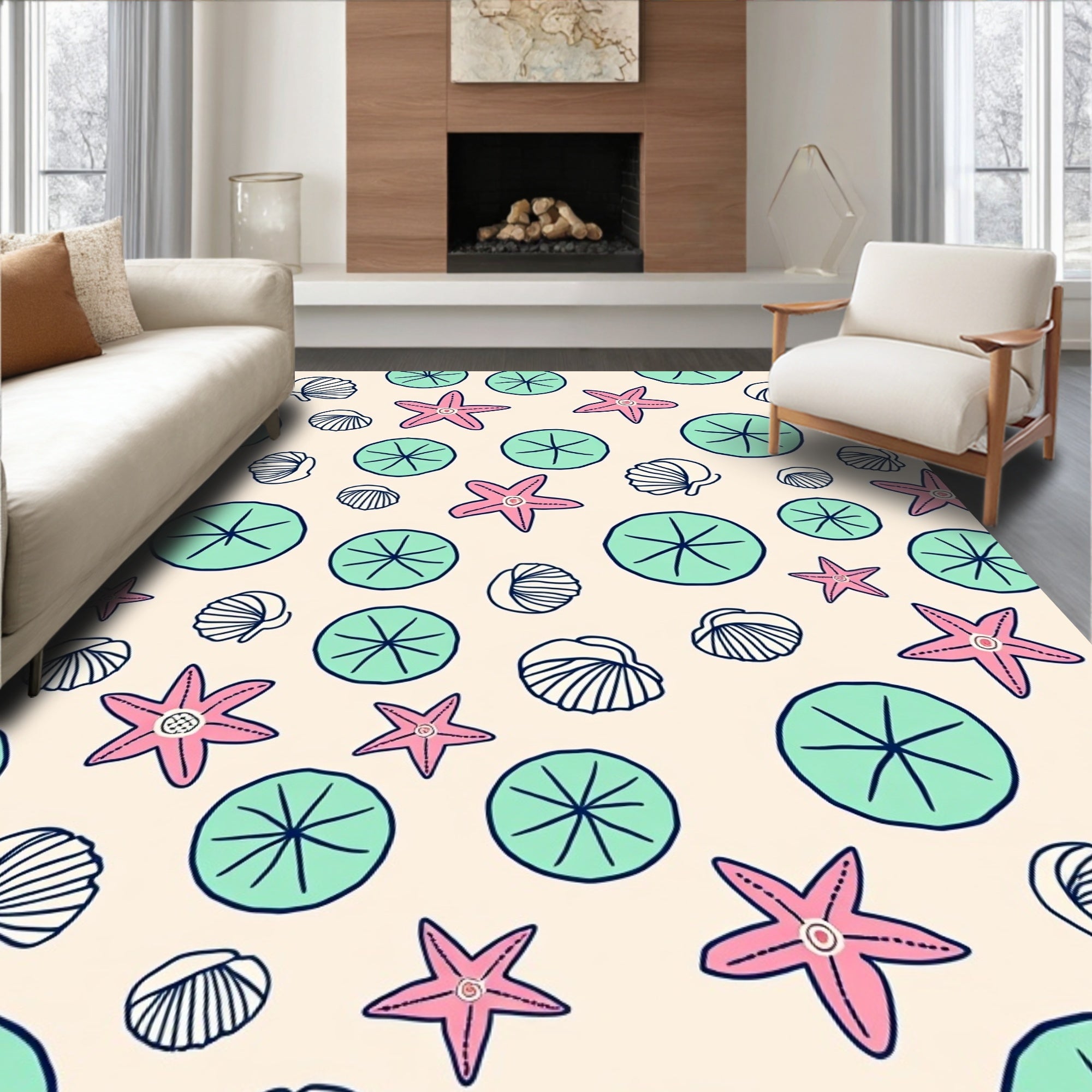 Pink Starfish Teal Circles Shells Rug