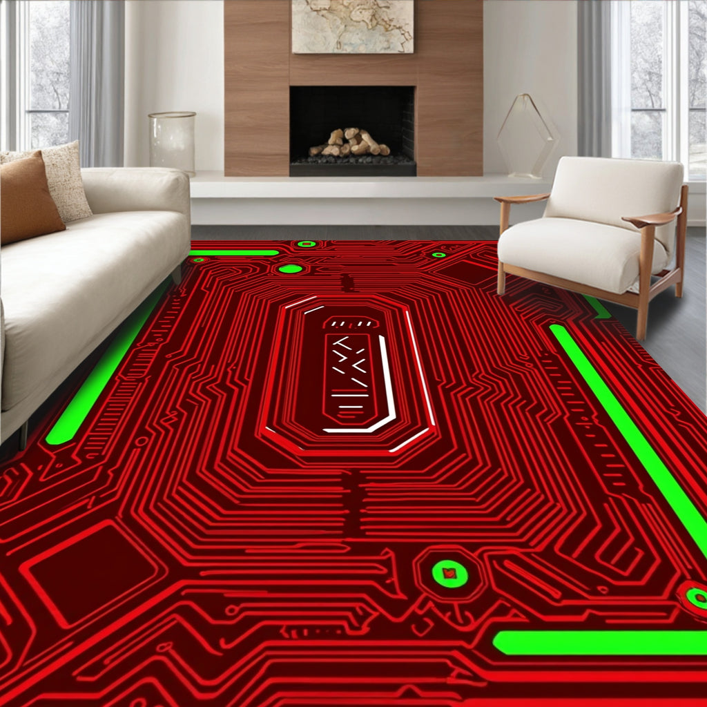 Circuitry Red Neon Geometric Rug