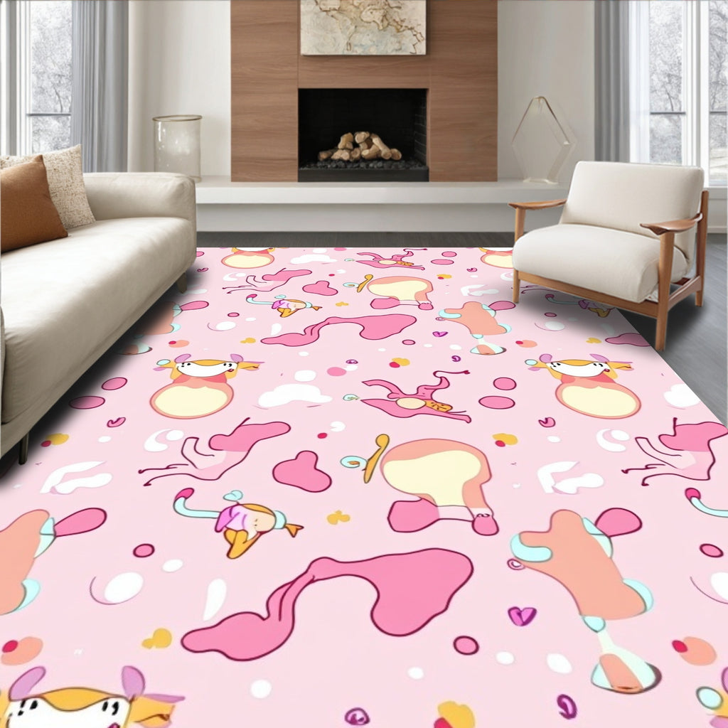 Whimsical Pink Cartoon Character Collage Rug