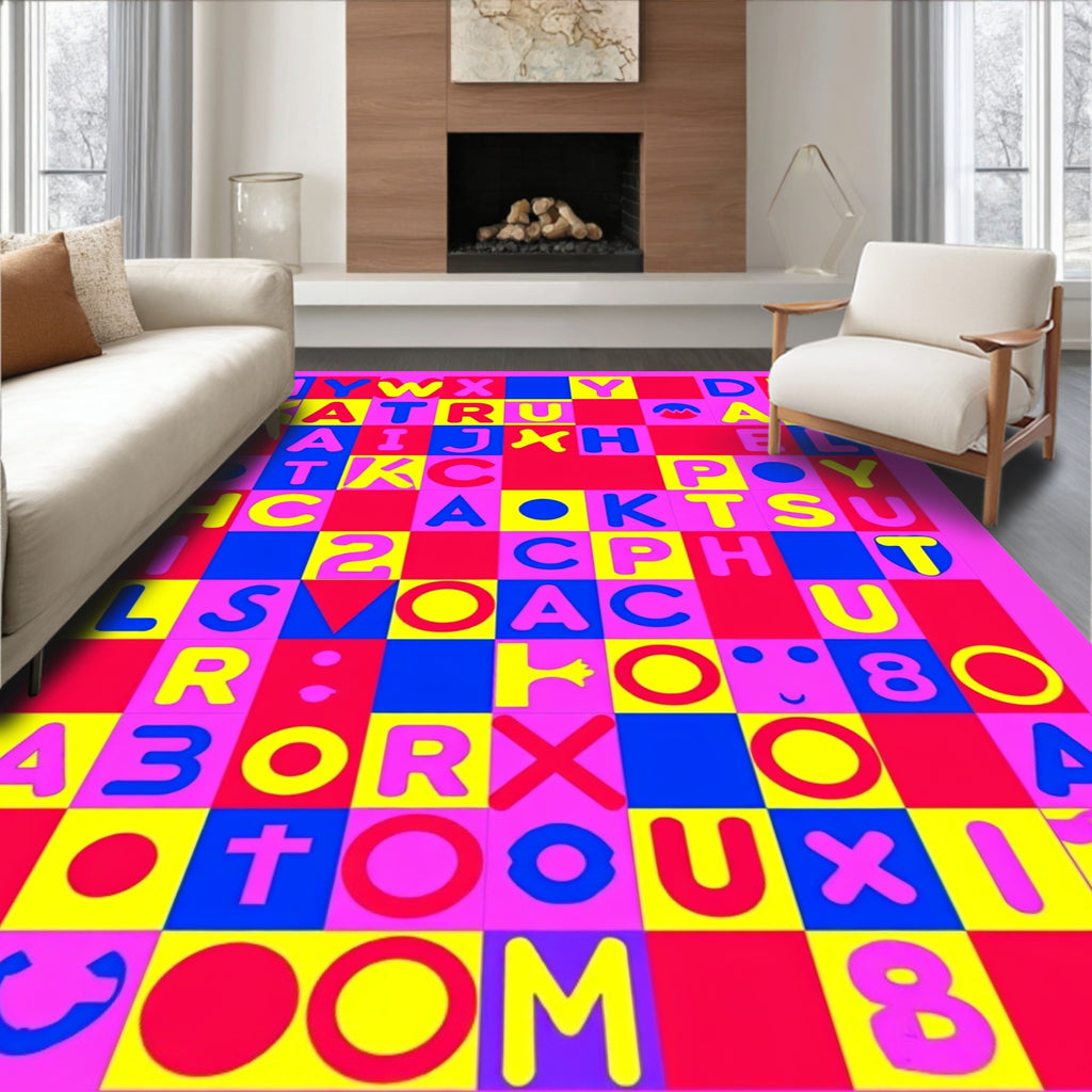 Vibrant Pink Yellow Blue Alphabet Squares Rug