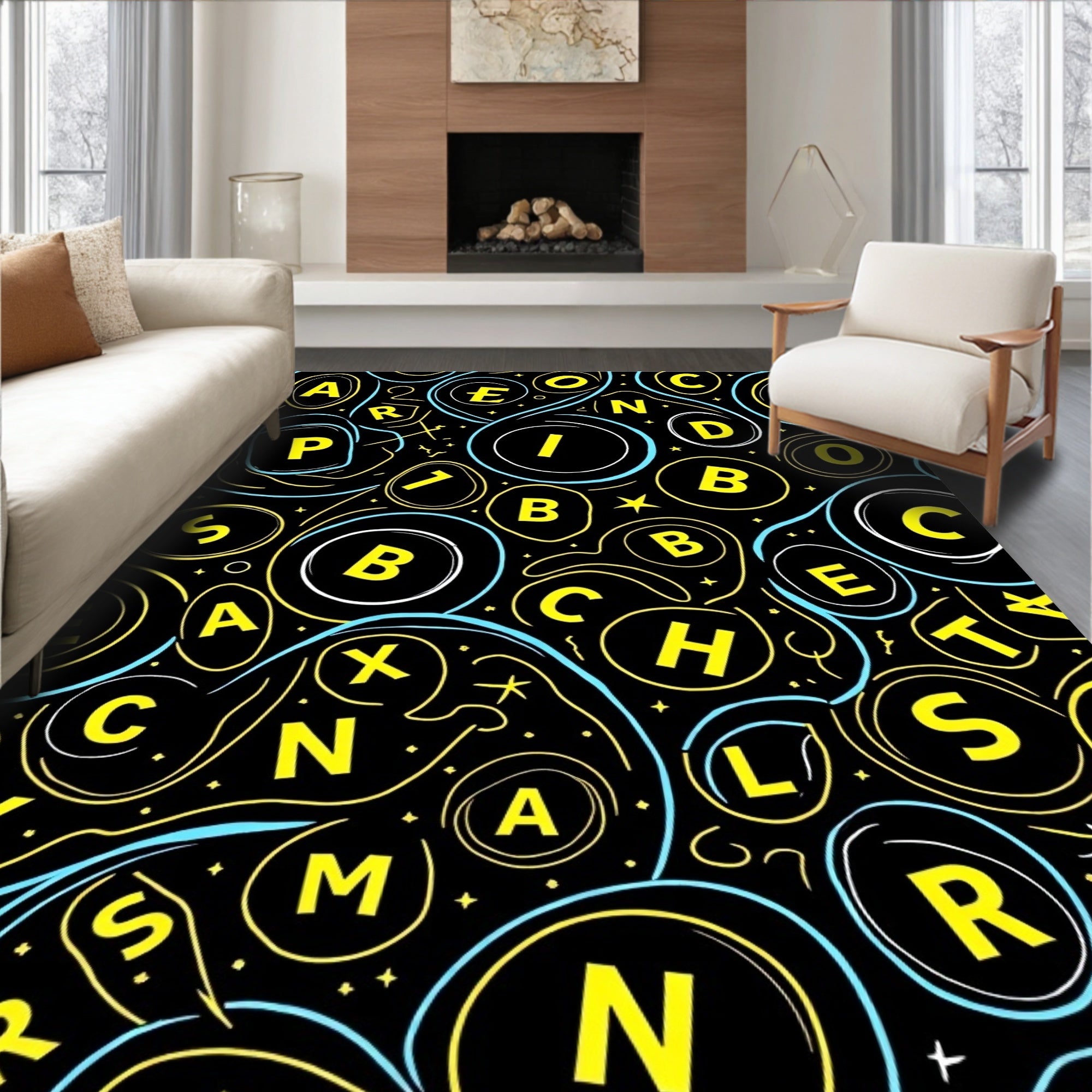 Black Yellow Blue Alphabet Whirl Rug