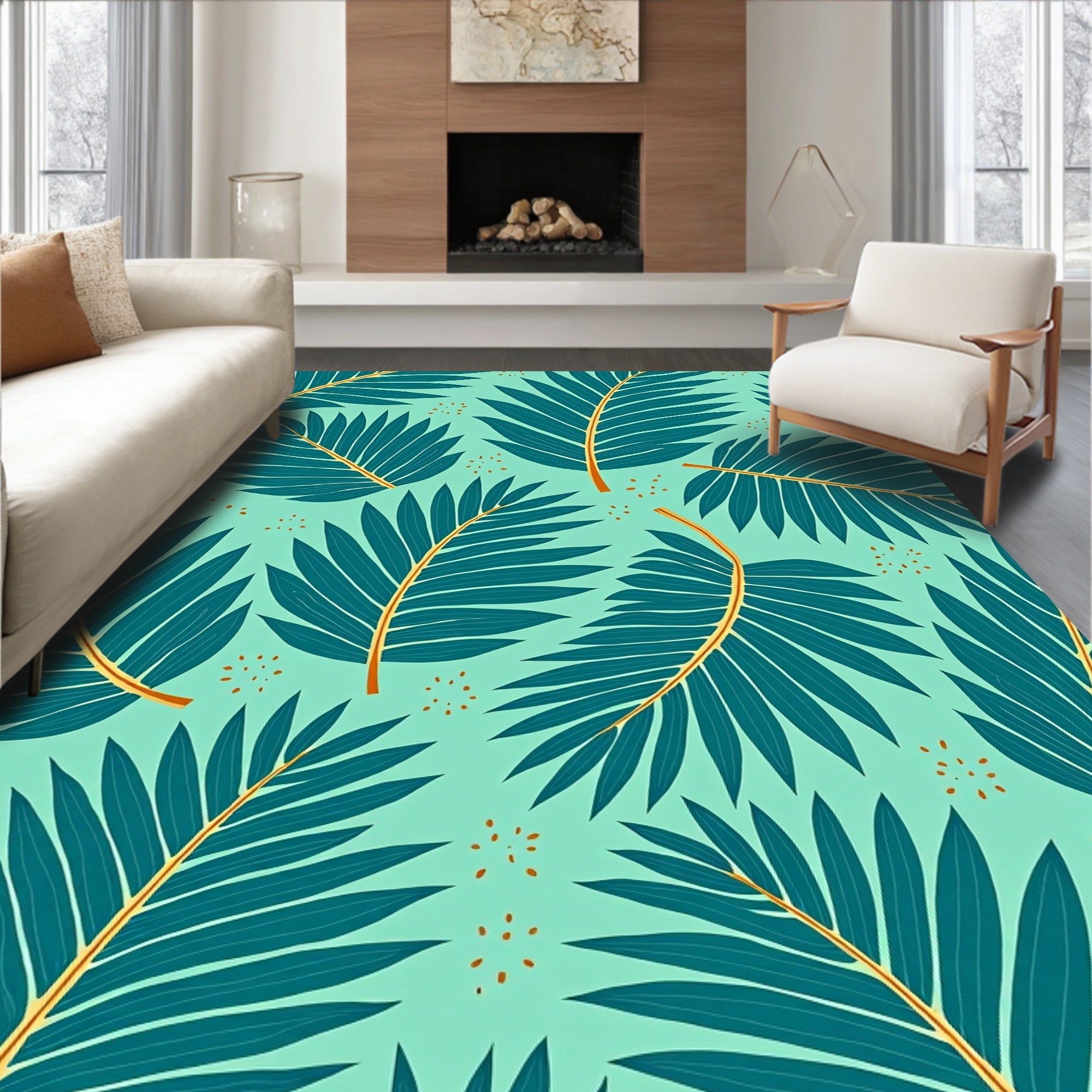 Teal Fern Tropical Foliage Rug
