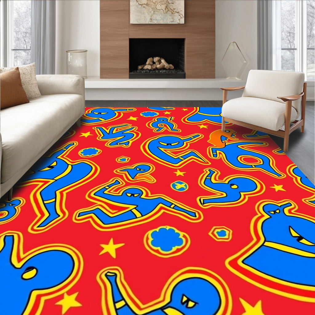 Red Blue Yellow Bold Figures Rug