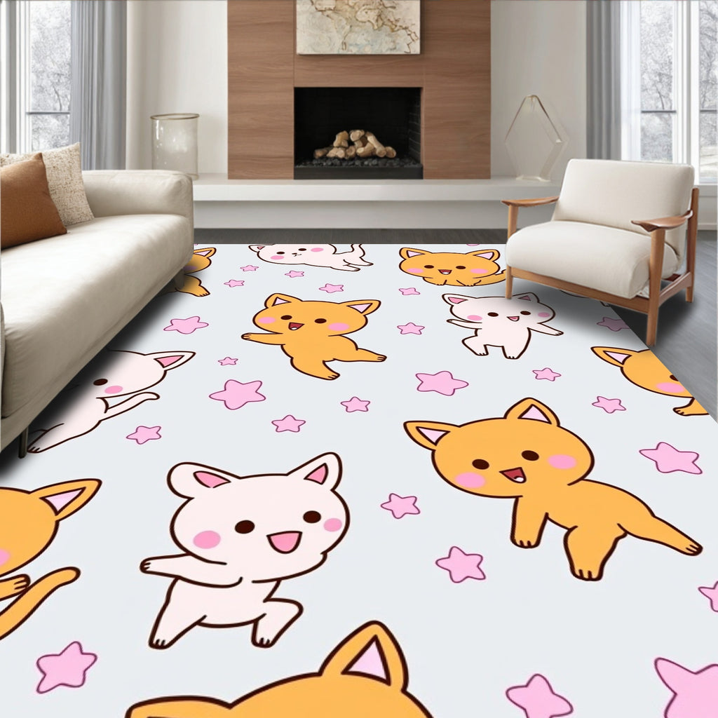 Kawaii Orange Pinks Cats Stars Rug