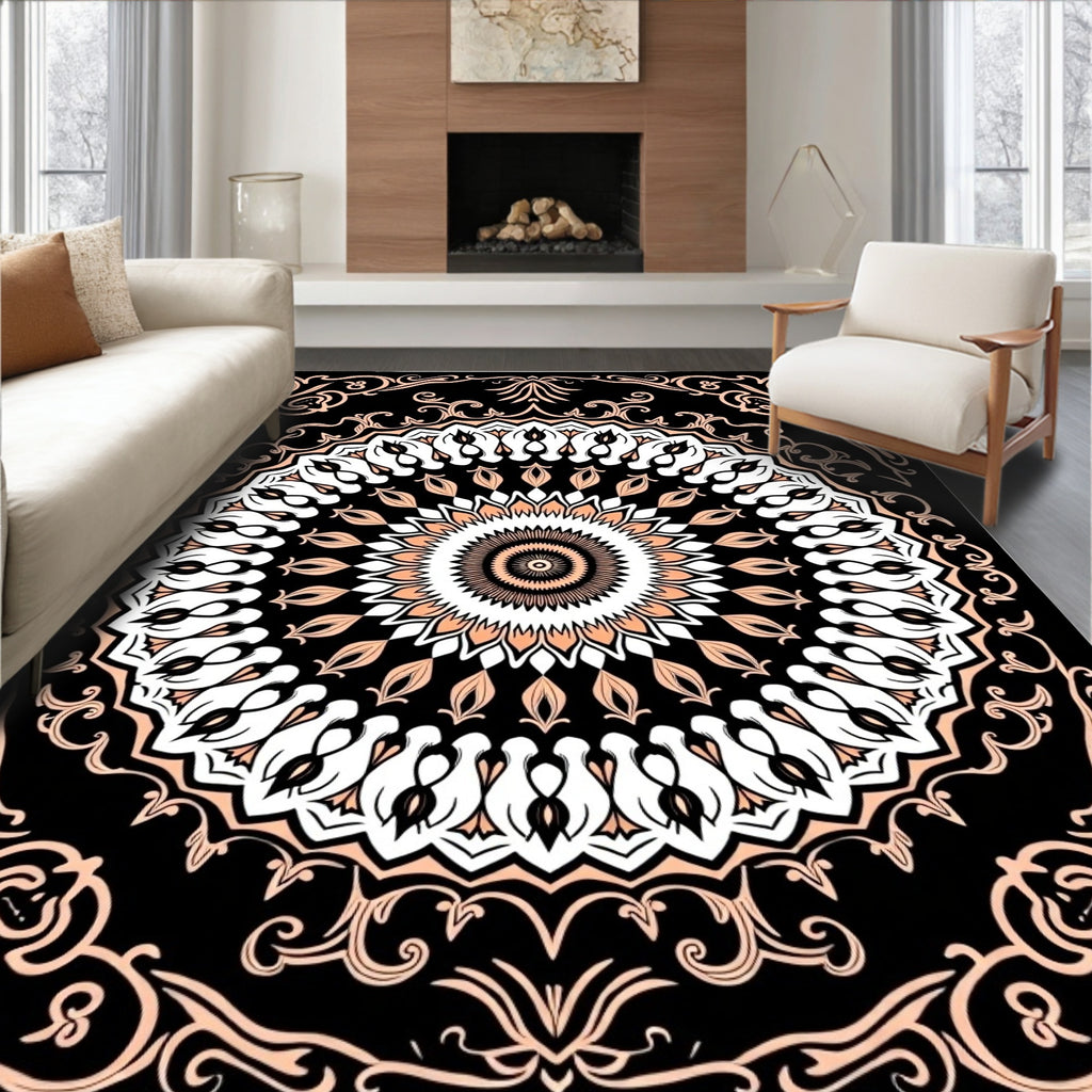 Peach Black Mandala Art Rug