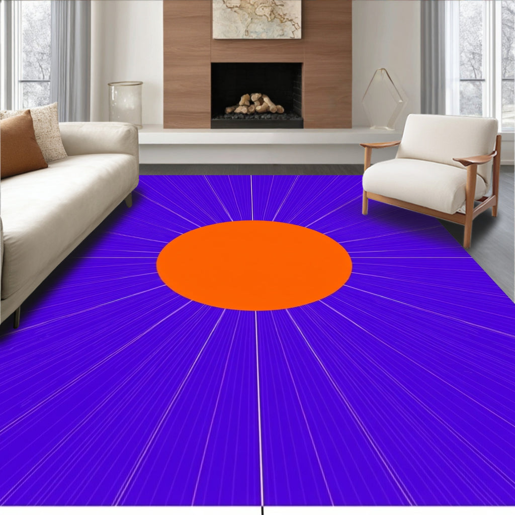 Vibrant Orange Sunburst Blue Rays Rug