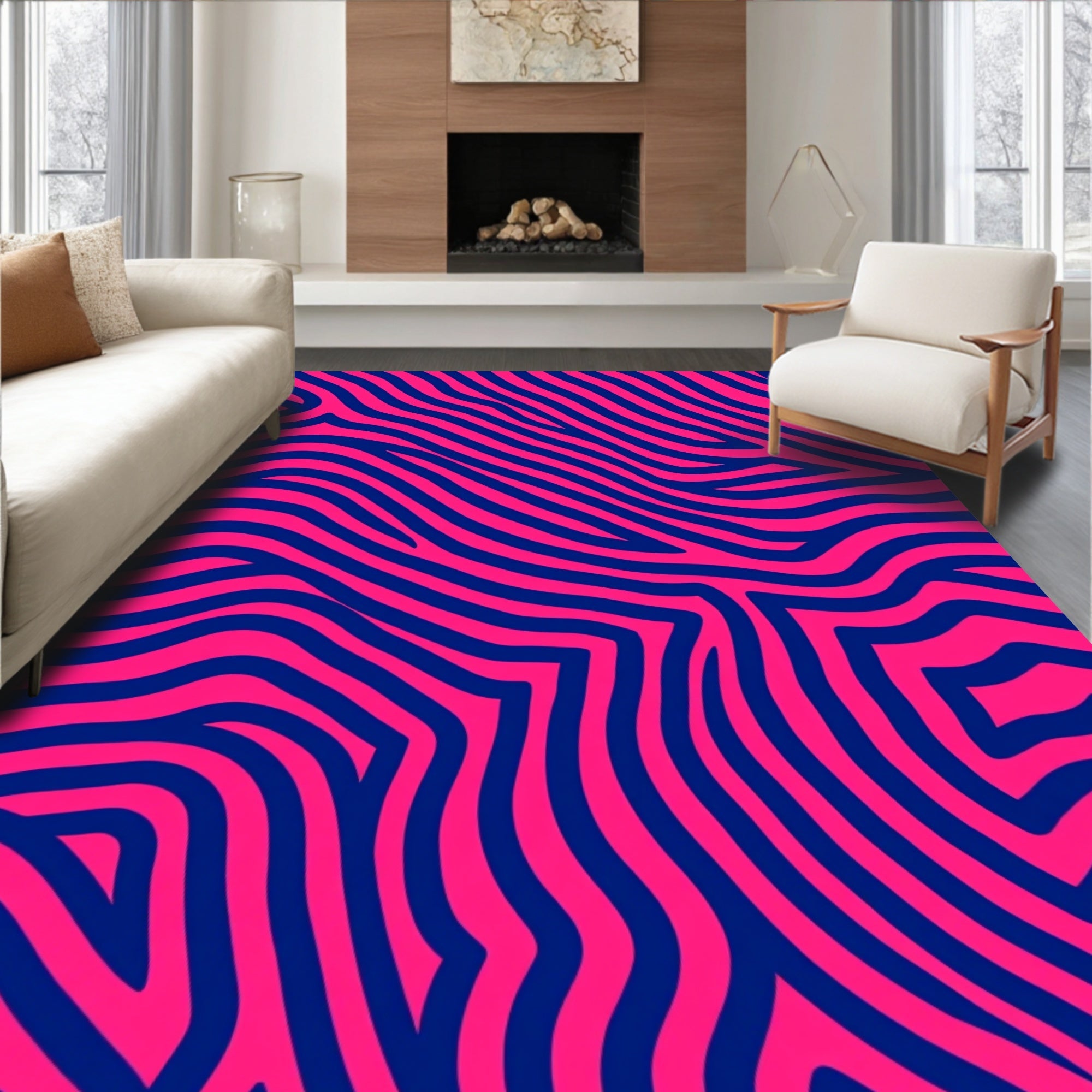Vibrant Pink Navy Wavy Stripes Rug