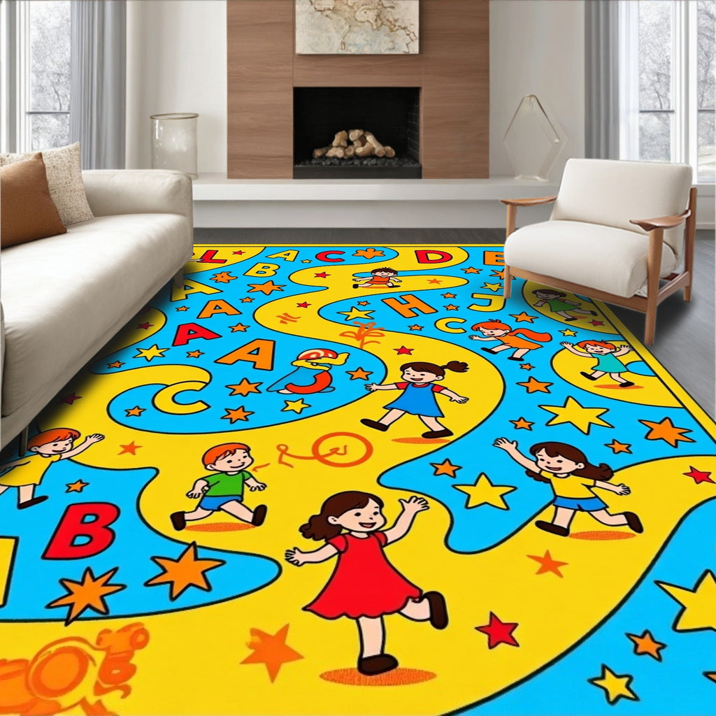 Alphabet Children Yellow Blue Playful Rug