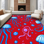 Vibrant Blue Jellyfish Swirling Red Field Rug