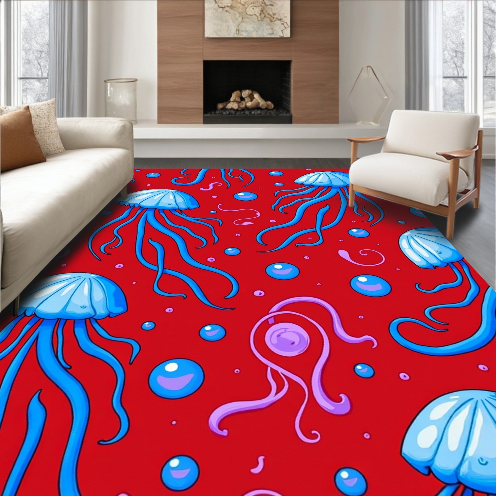 Vibrant Blue Jellyfish Swirling Red Field Rug