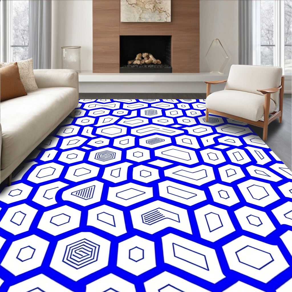 Cobalt Blue Geometric Honeycomb Rug