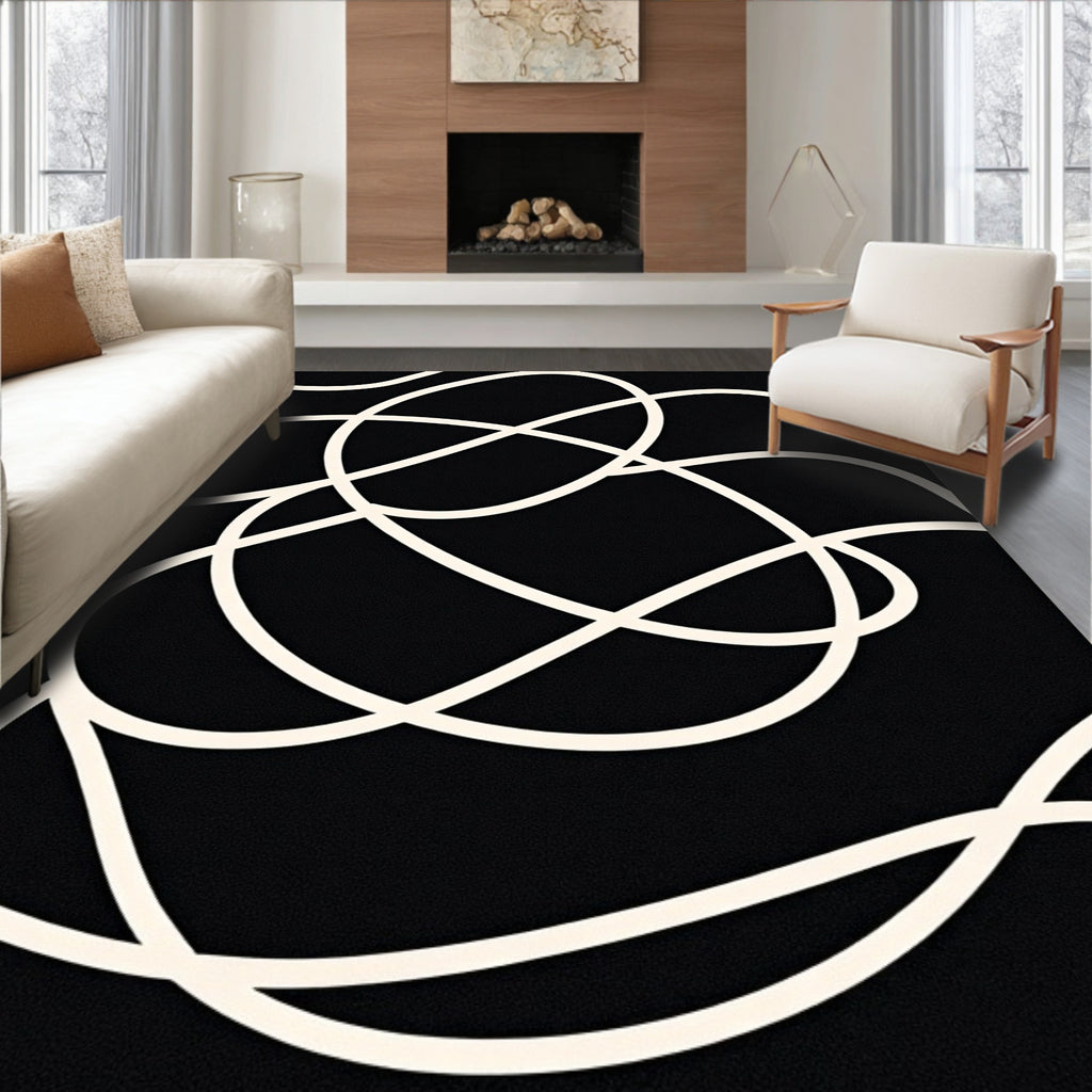 Modern Black White Abstract Swirl Rug