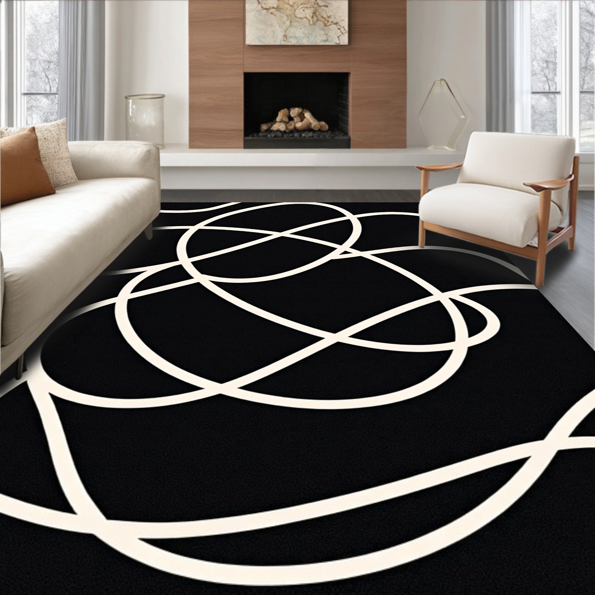 Modern Black White Abstract Swirl Rug