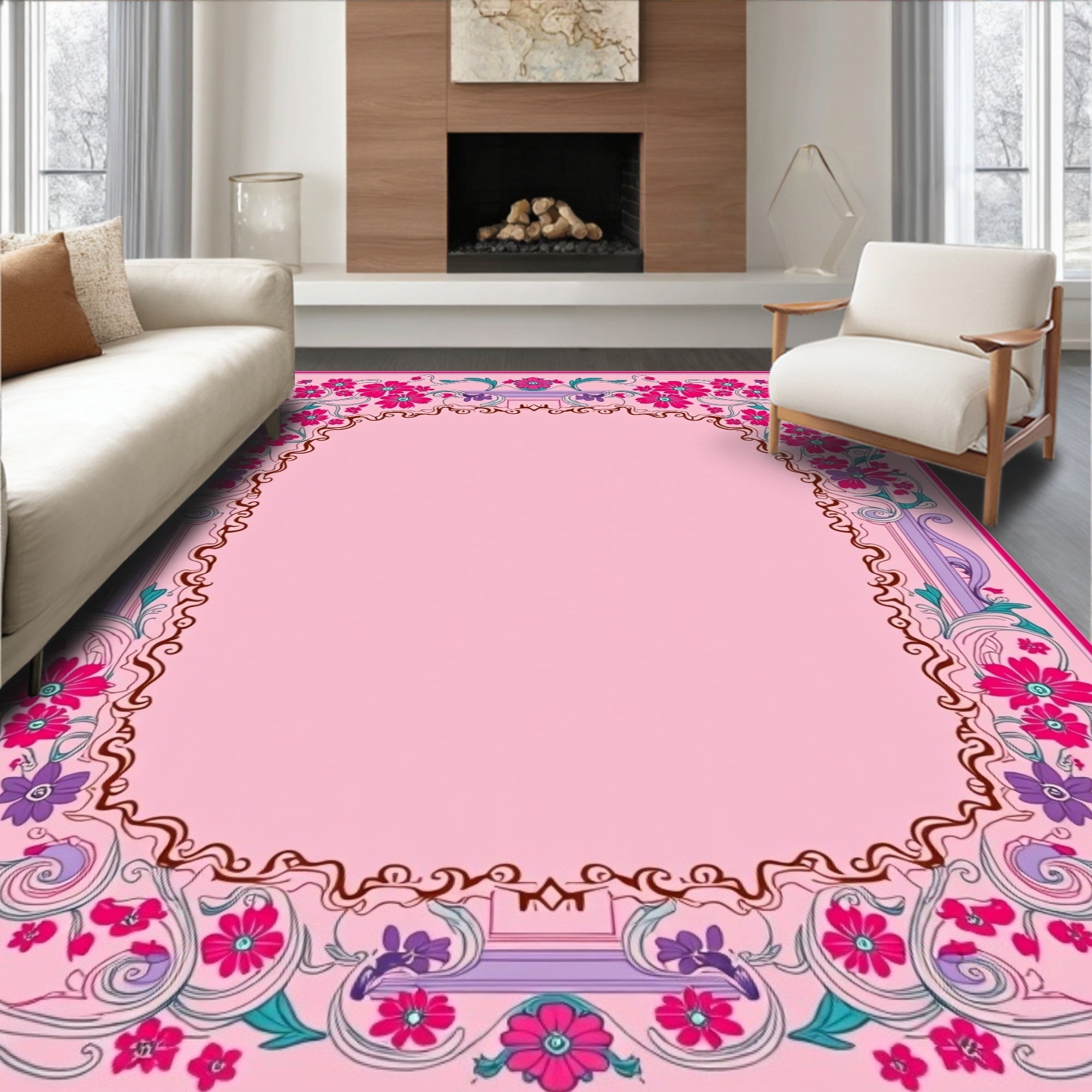 Vibrant Pink Floral Vines Border Rug