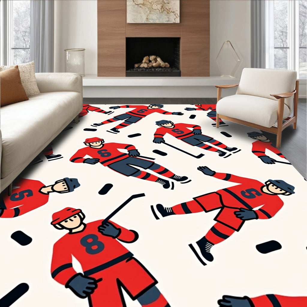 Red Blue Hockey Player Action Rug