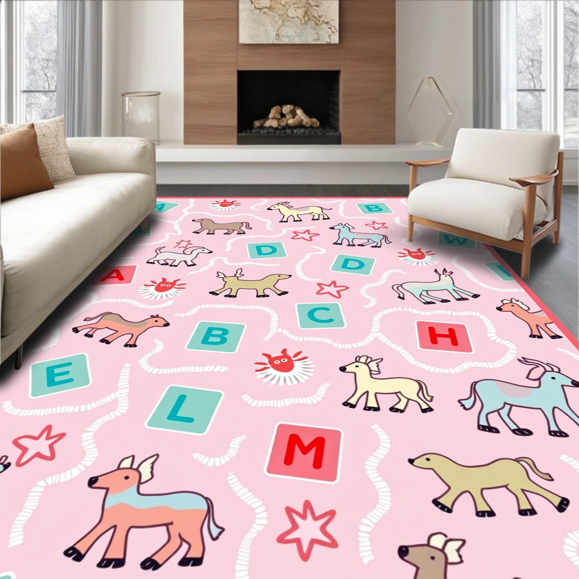 Pink Pastel Farm Animals Alphabet Cubes Rug