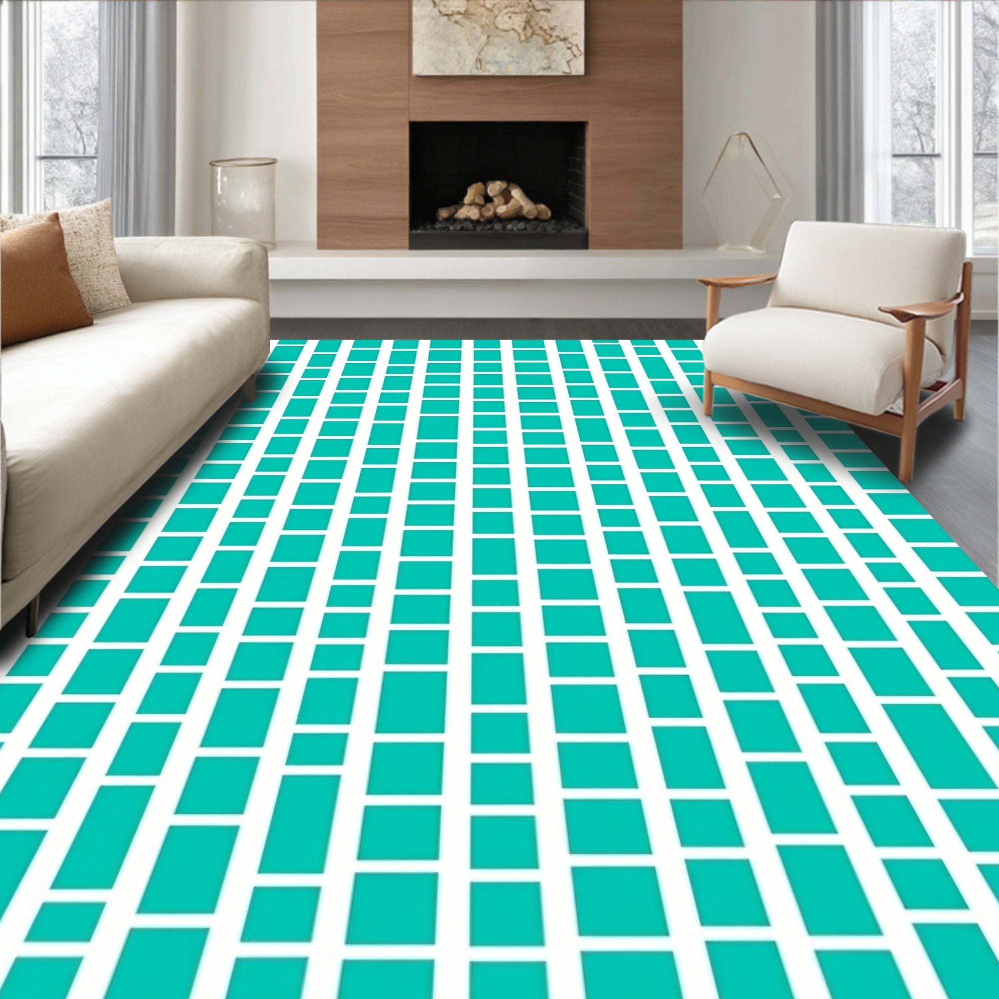 Aqua Teal Squares Vertical Stripe Rug