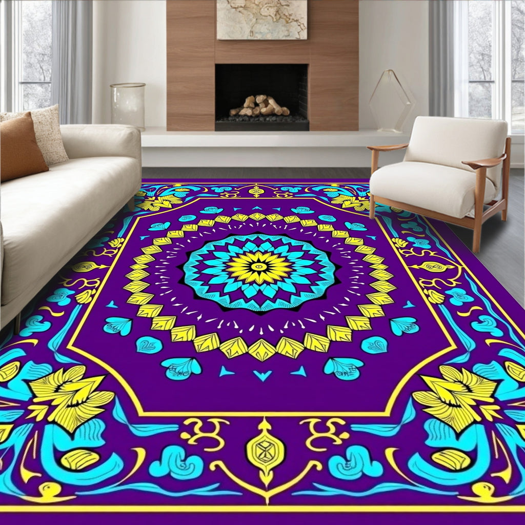 Vibrant Purple Teal Yellow Floral Mandala Rug