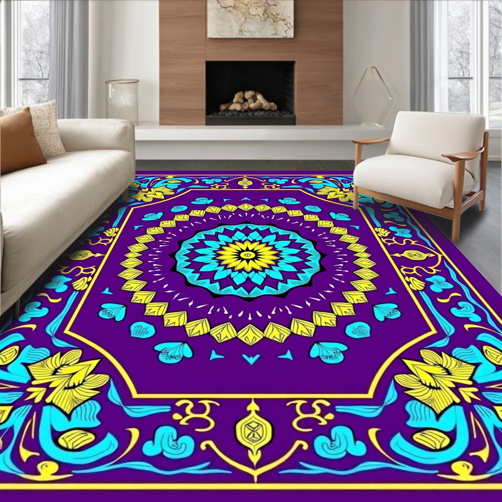 Vibrant Purple Teal Yellow Floral Mandala Rug