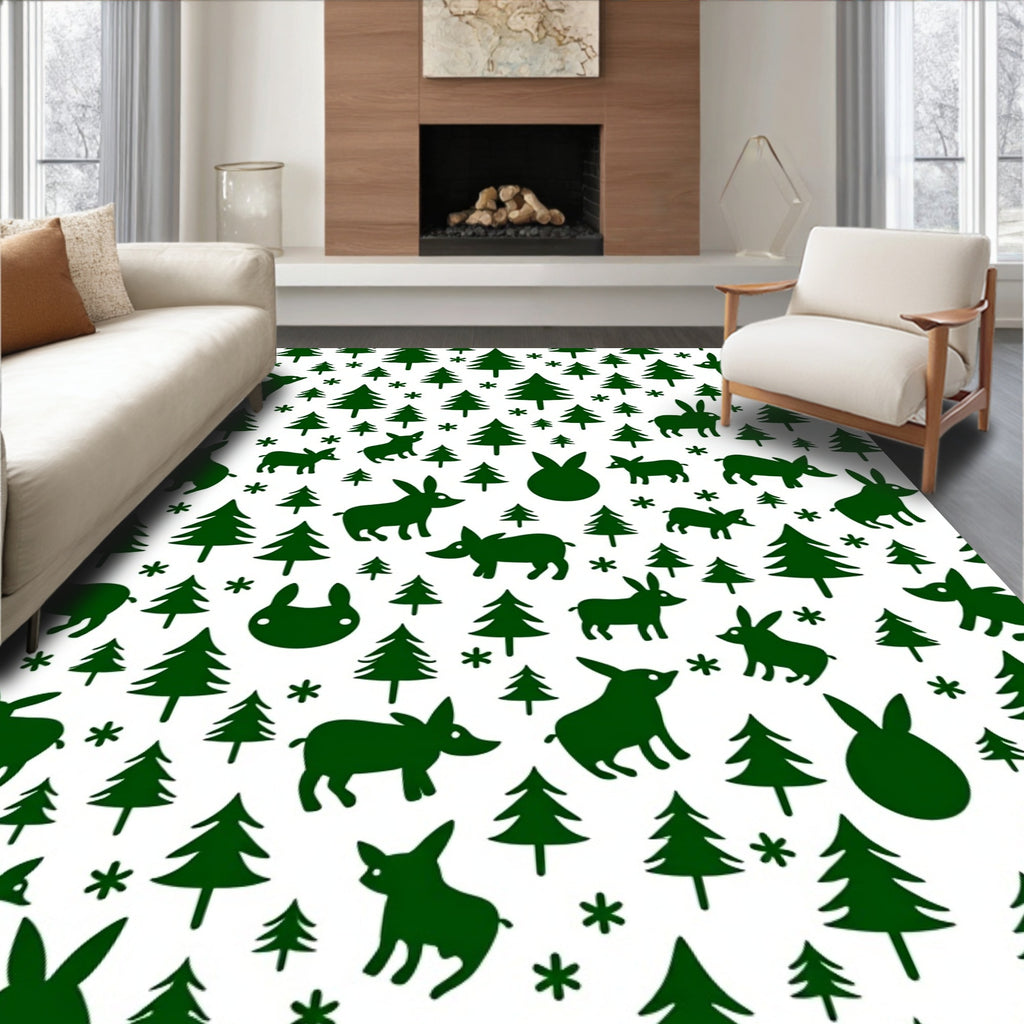Green Forest Bunnies Christmas Trees Rug