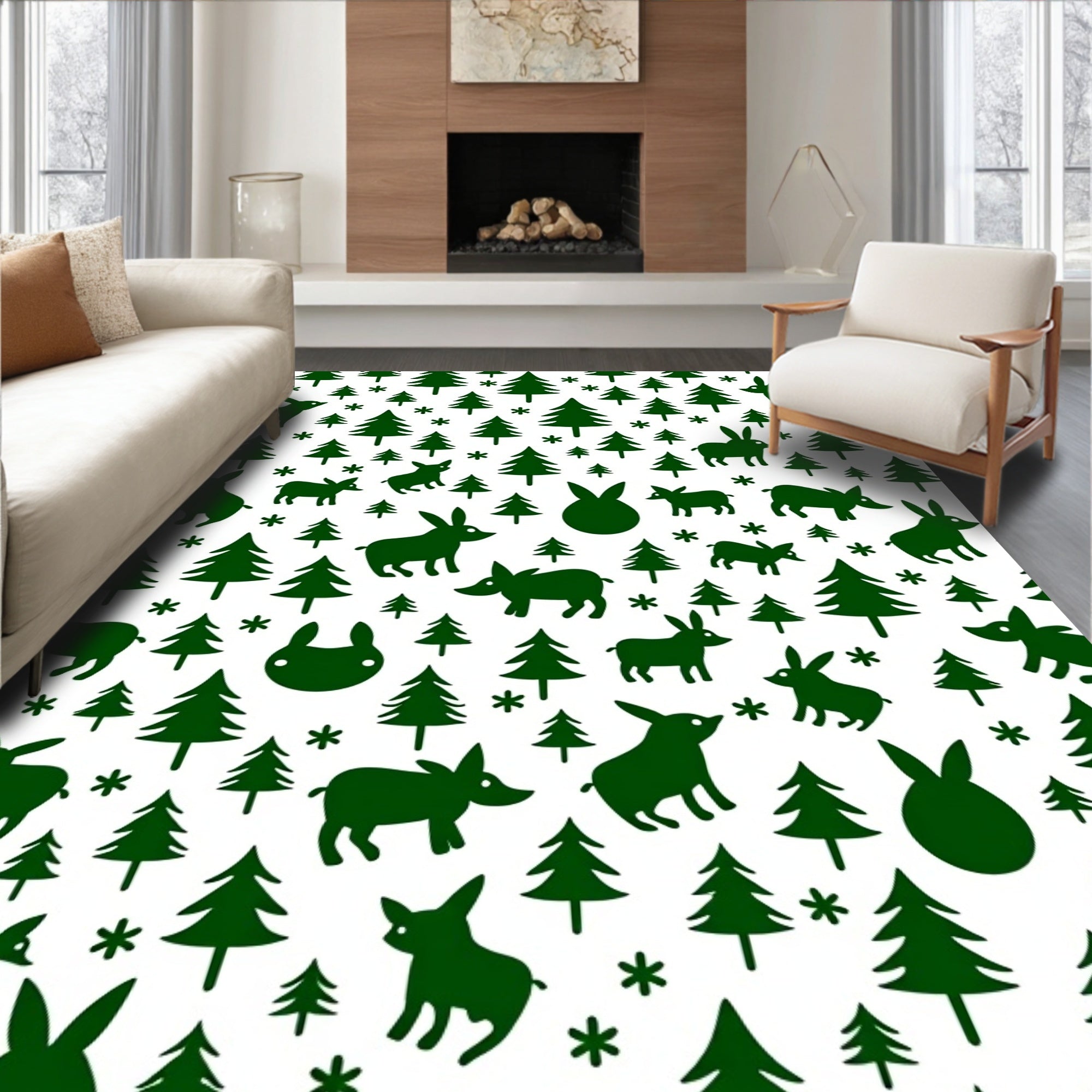 Green Forest Bunnies Christmas Trees Rug