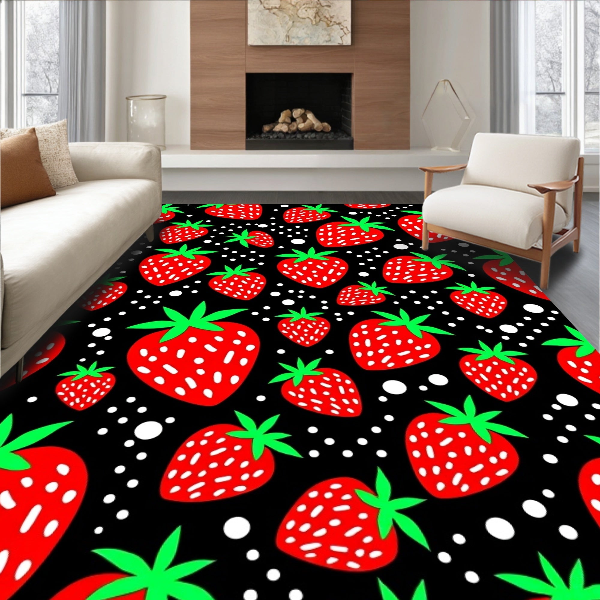 Charming Red Strawberry Black Dots Rug