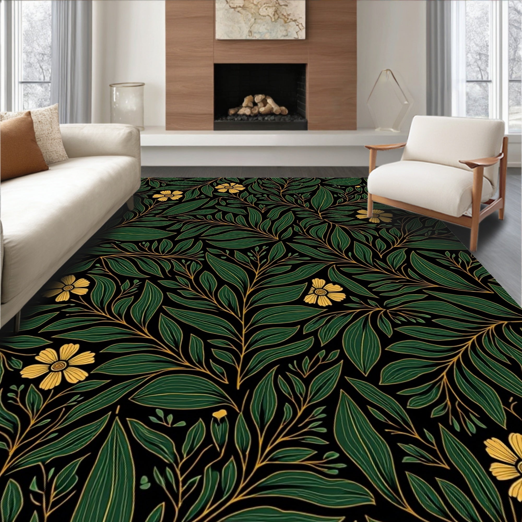 Dark Emerald Yellow Floral Vine Rug