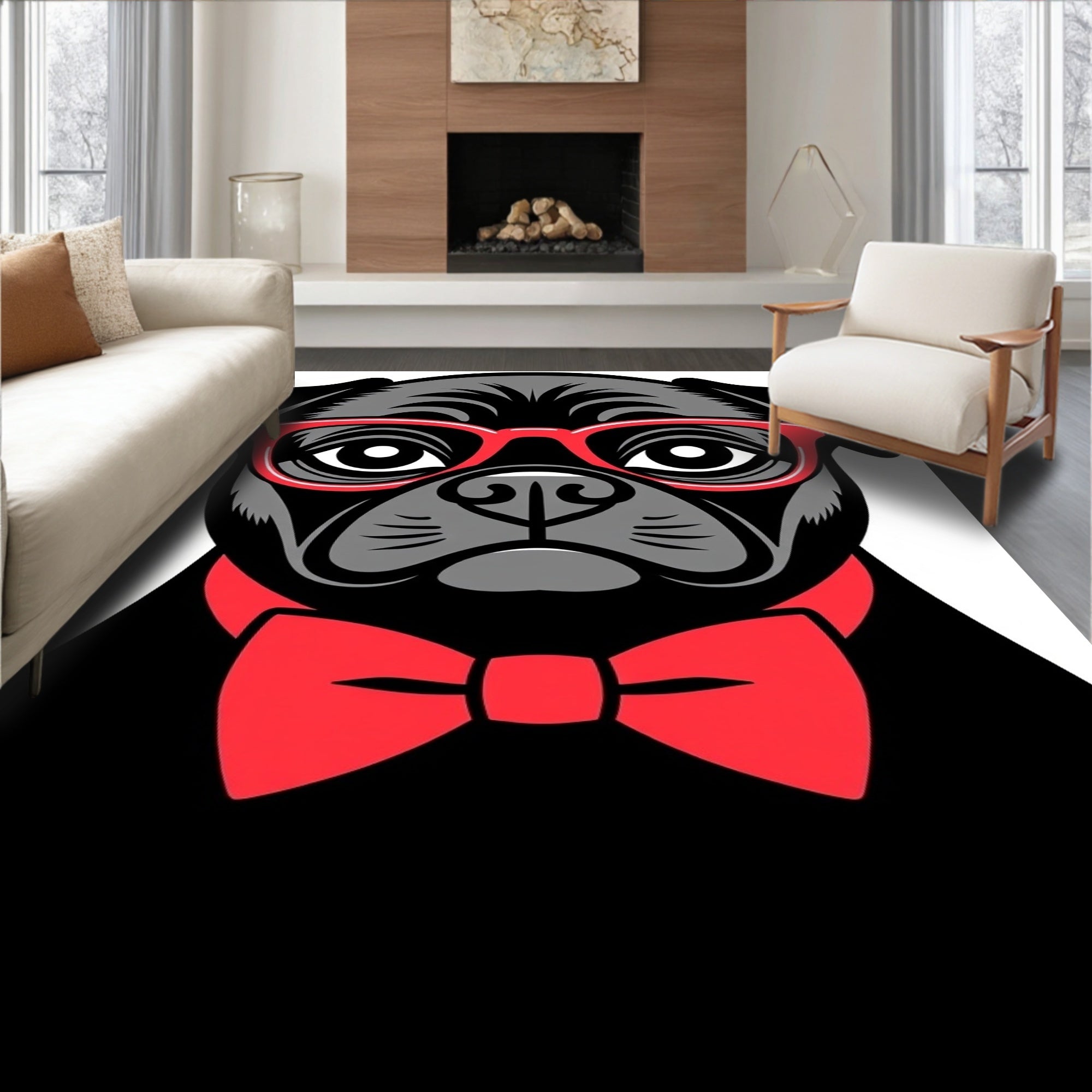 Sleek Black Pug Red Bowtie Glasses Rug