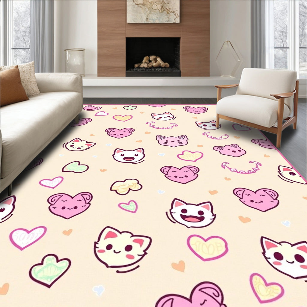 Cute Pink Kawaii Cat Hearts Rug