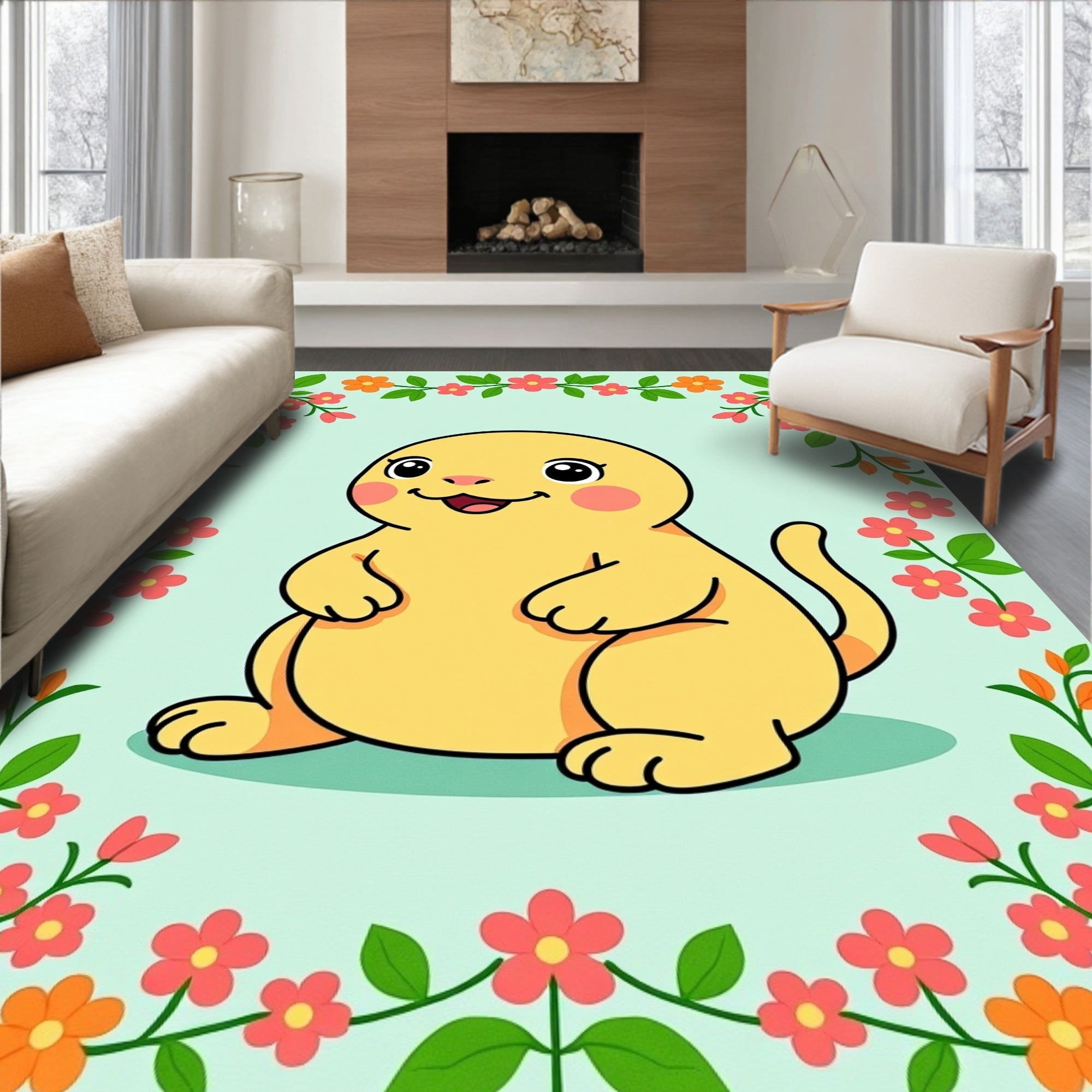 Chubby Yellow Creature Floral Border Rug