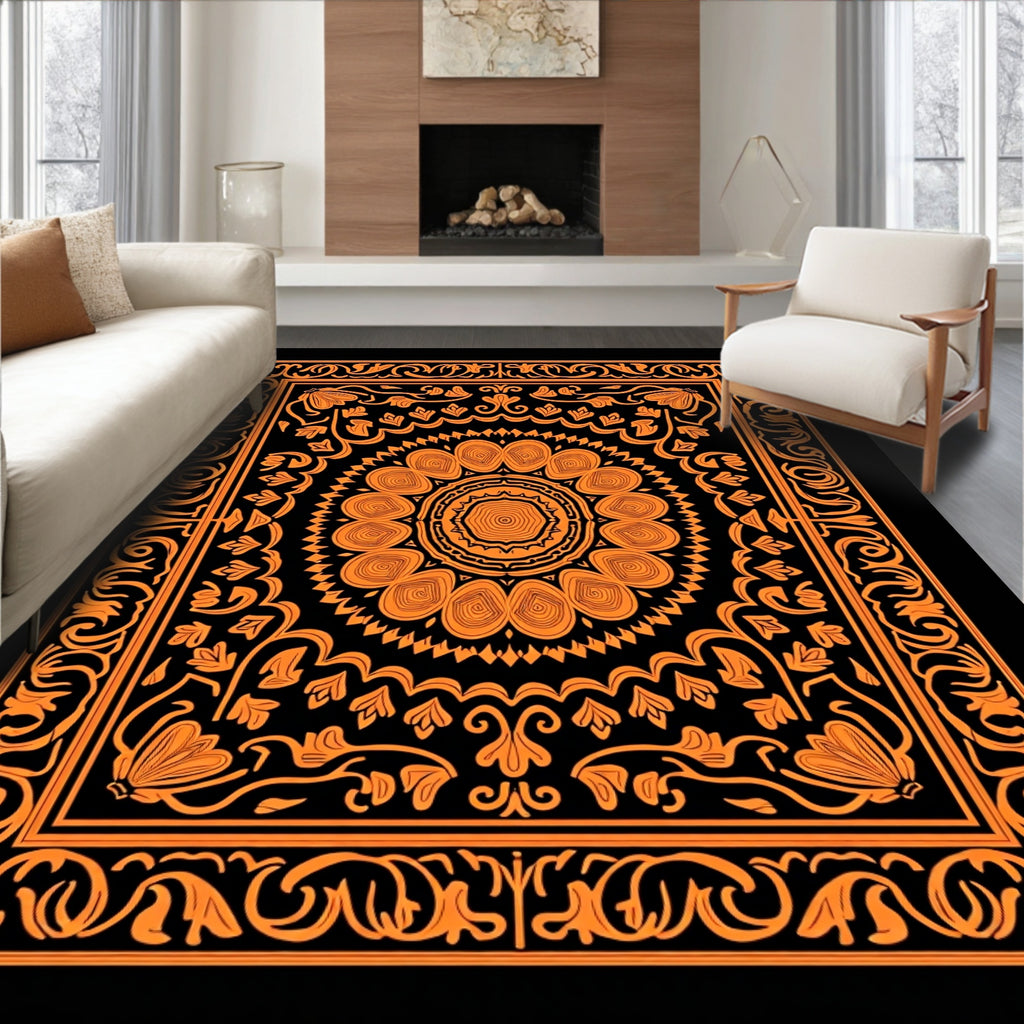 Vibrant Orange Floral Mandala Ornament Rug