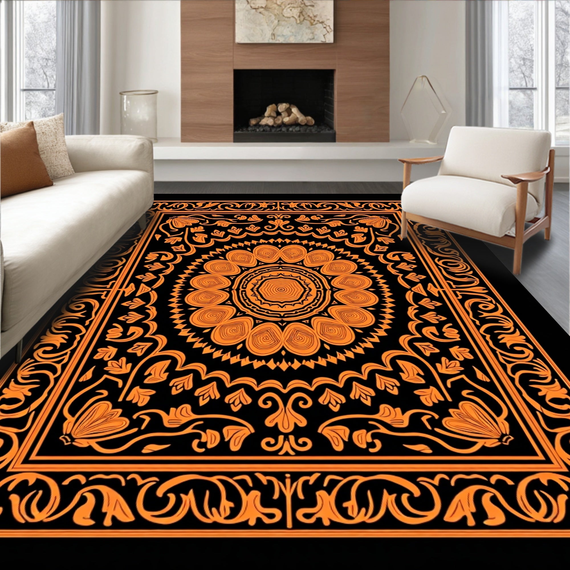 Vibrant Orange Floral Mandala Ornament Rug