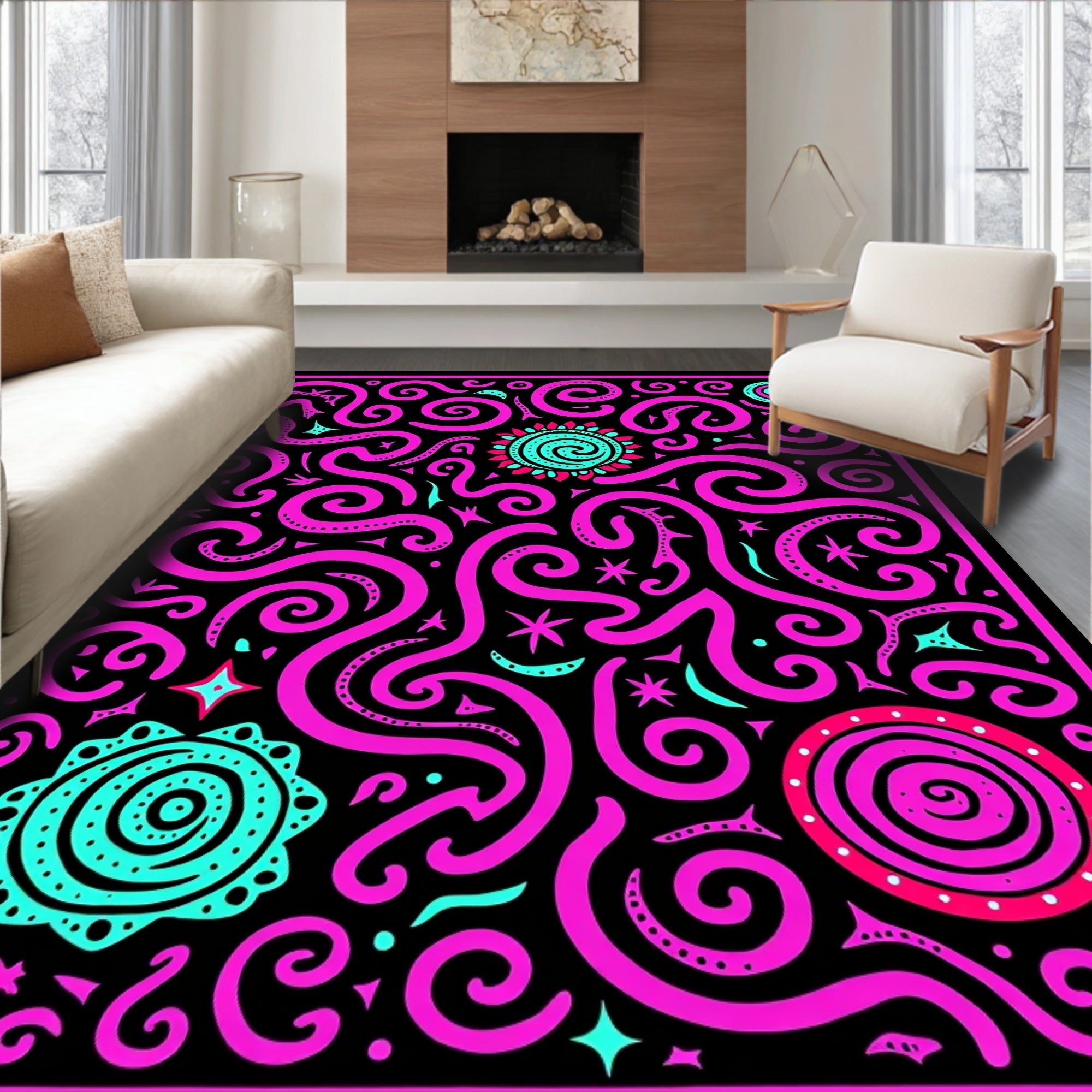 Vibrant Pink Turquoise Swirl Celestial Rug