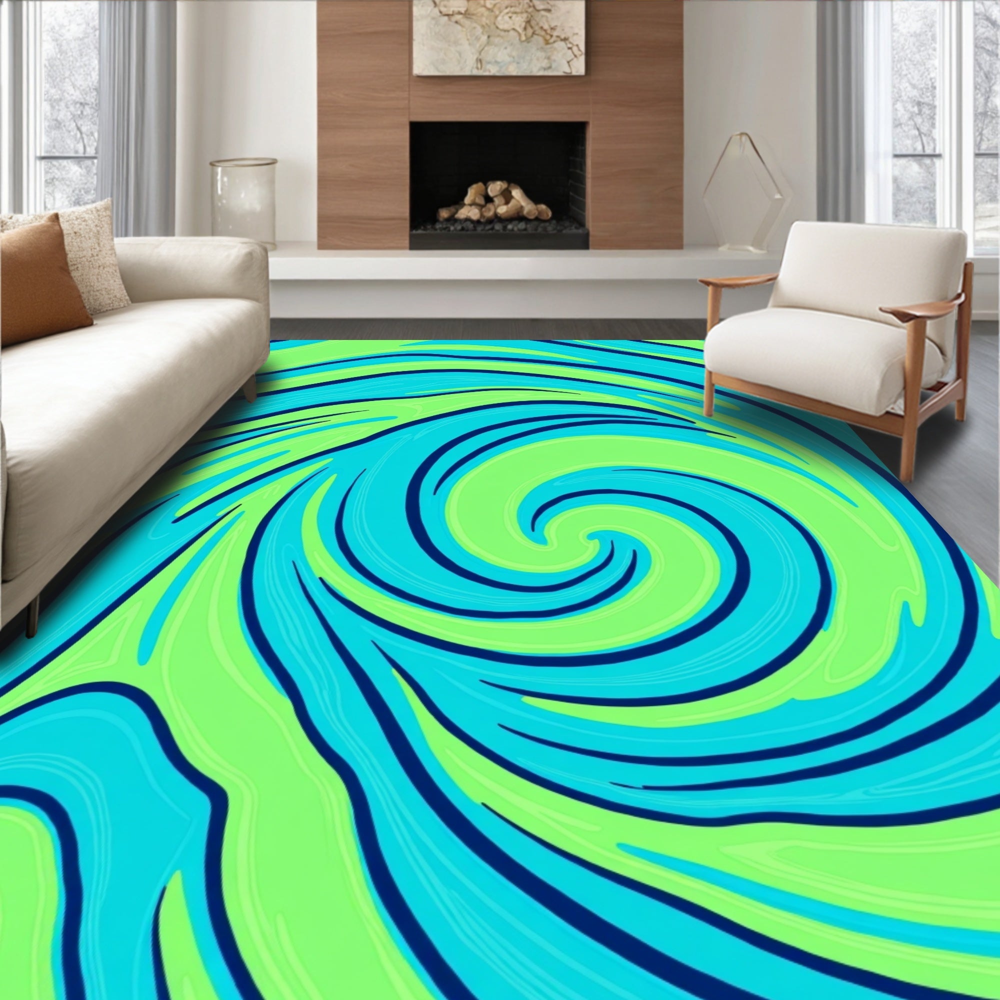 Vibrant Lime Blue Swirl Abstract Rug