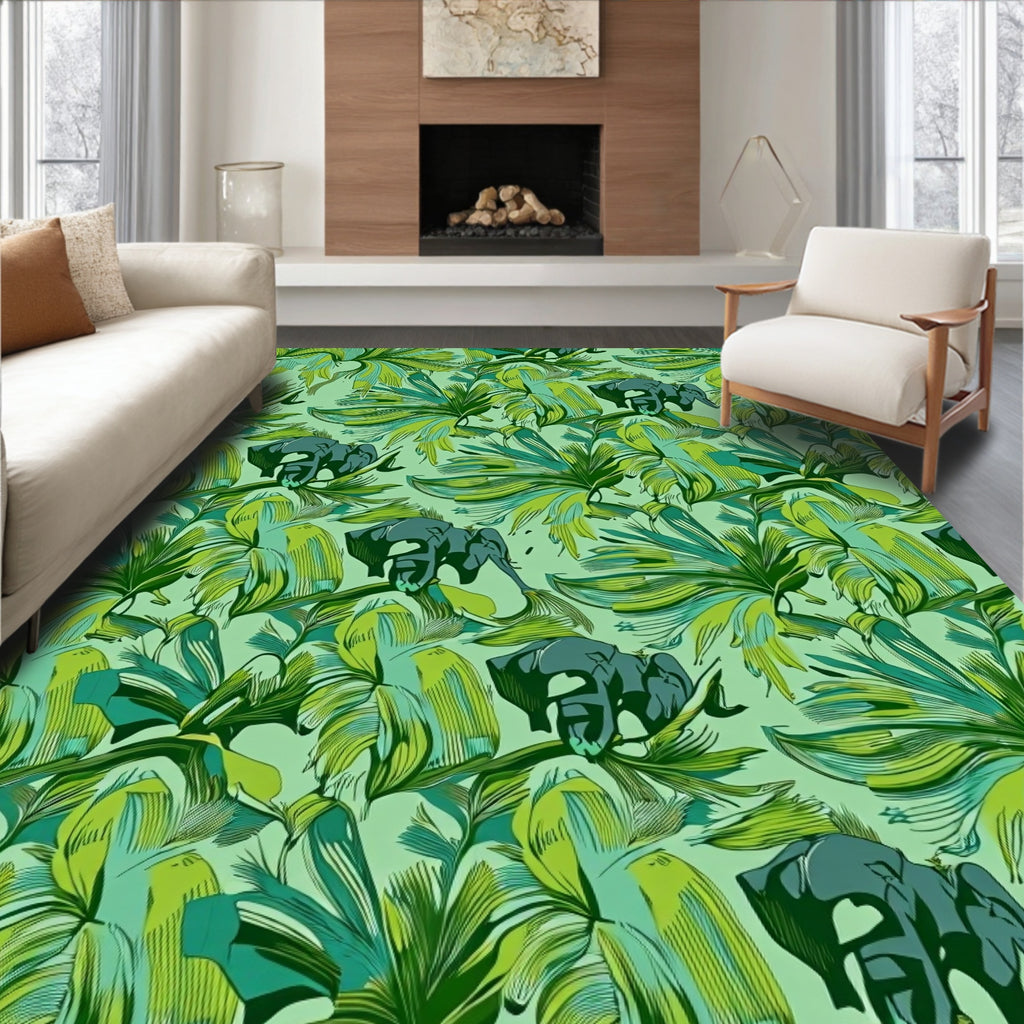 Verdant Jungle Elephants Tropical Foliage Rug